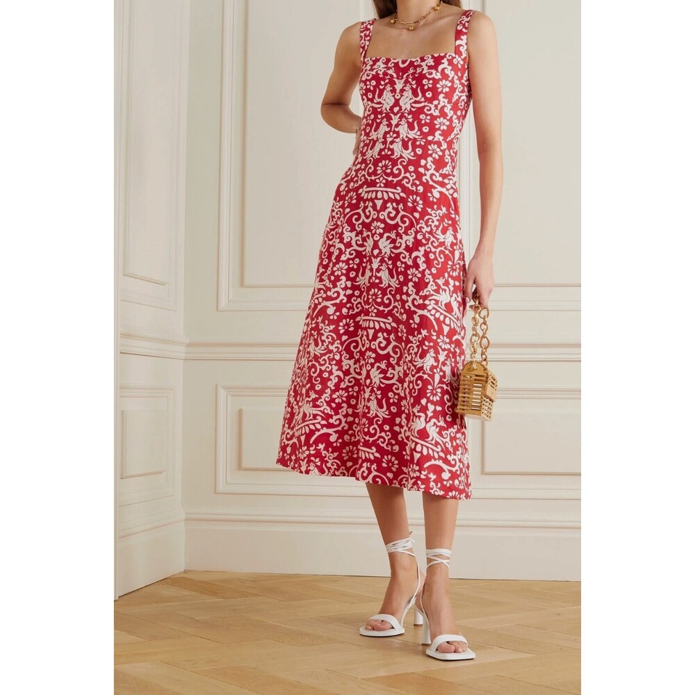 Saloni Rachel Chili Phoenix Printed Linen Midi Dress in Red / White Size 8